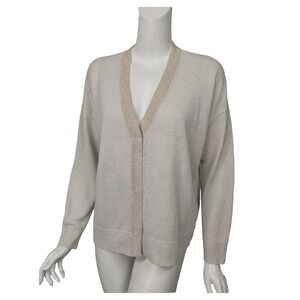 Eileen Fisher Organic Linen Metallic Trim Cardigan Beige Gold, Size S Petite‎